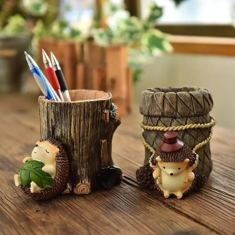 Creative Hedgehog Resin Pen Holder Cute Student Cartoon Pen Holder Office Study Desktop Pen Holder Ornament Desktop Decor Gift