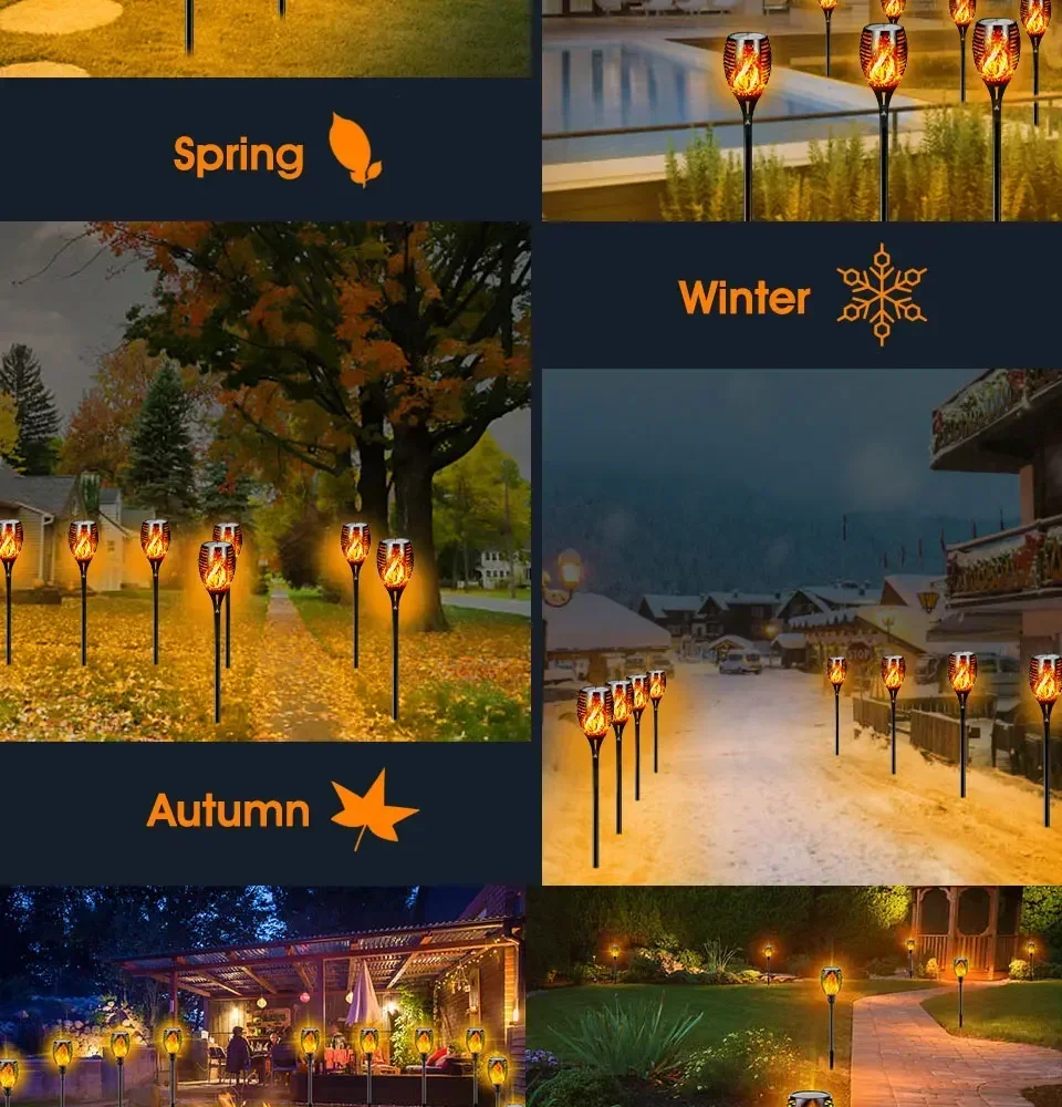 Description Picture 6 of item1-10Pack Solar Flame Light Outdoor 96/12 LEDs Flickering Torch Waterproof Night Lamp Garden Decoration for Lawn Path Yard Patio