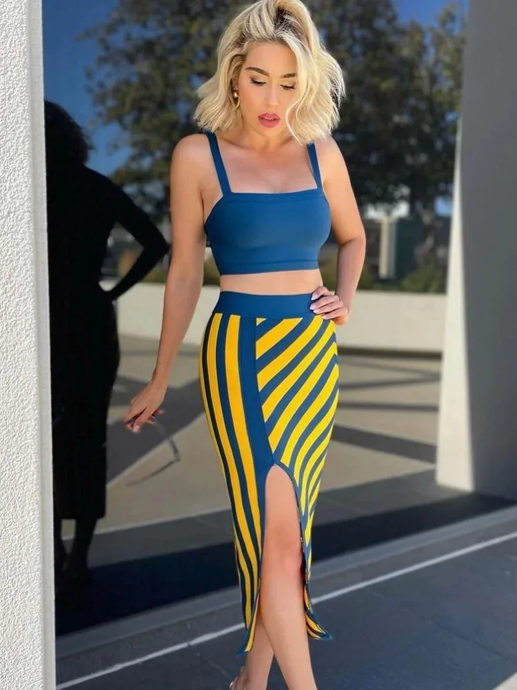 BEAUKEY Fashion Sexy Blue Bandage Top Camis 2023 For Women Strips Yellow Bodycon Pencil Skirt Split Office Lady Sets 2 Piece XL