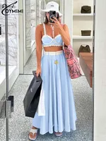 Oymimi Fashion Blue Print Sets For Women 2 Pieces Autumn Spaghetti Strap Lace Bra And High Waisted Loose Pleated Skirts Sets - Image 4