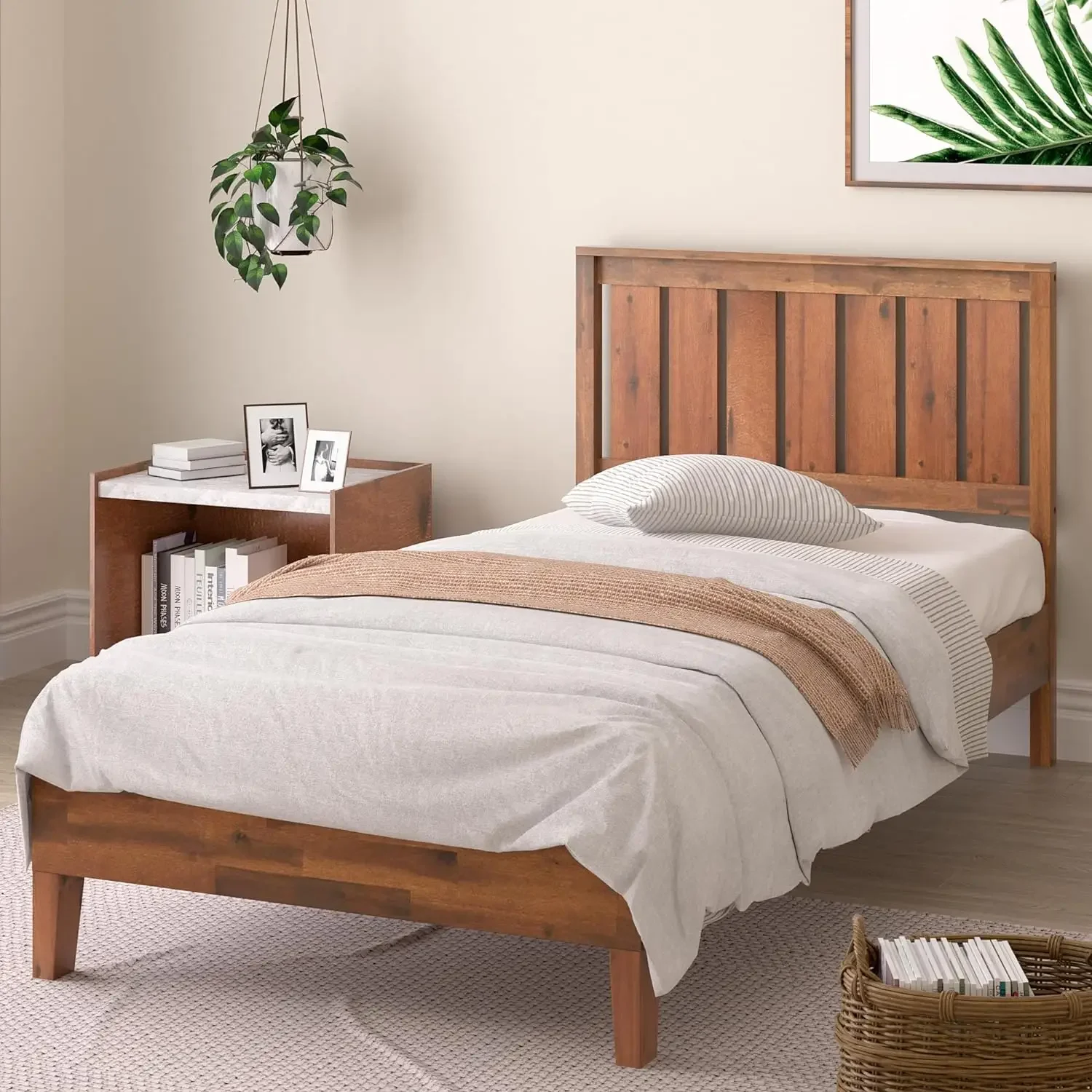 

Vivek Deluxe Wood Platform Bed Frame with Headboard Wood Slat Support No Box Spring Needed Easy Assembly, Twin