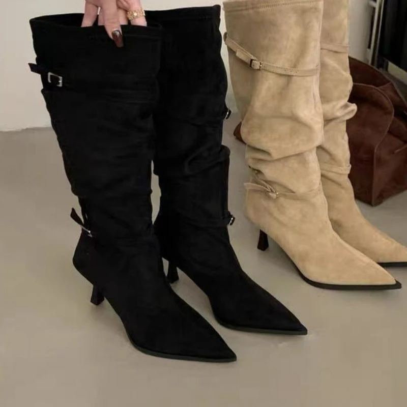 New women's fashion boots for autumn and winter2025 casual style pointed toe stylish high heels suede texture elegant long boots