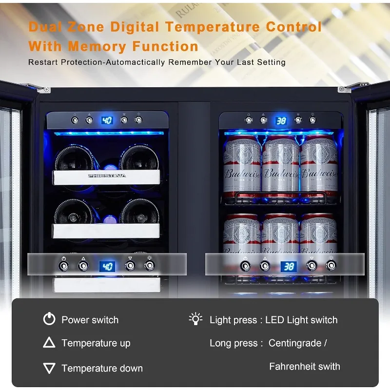 Phiestina Wine Beverage Refrigerator,24’’ Wine Cooler- 20 Bottles&78 Cans,Built-in/Freestanding Dual Zone Wine Fridge Glass Door 2