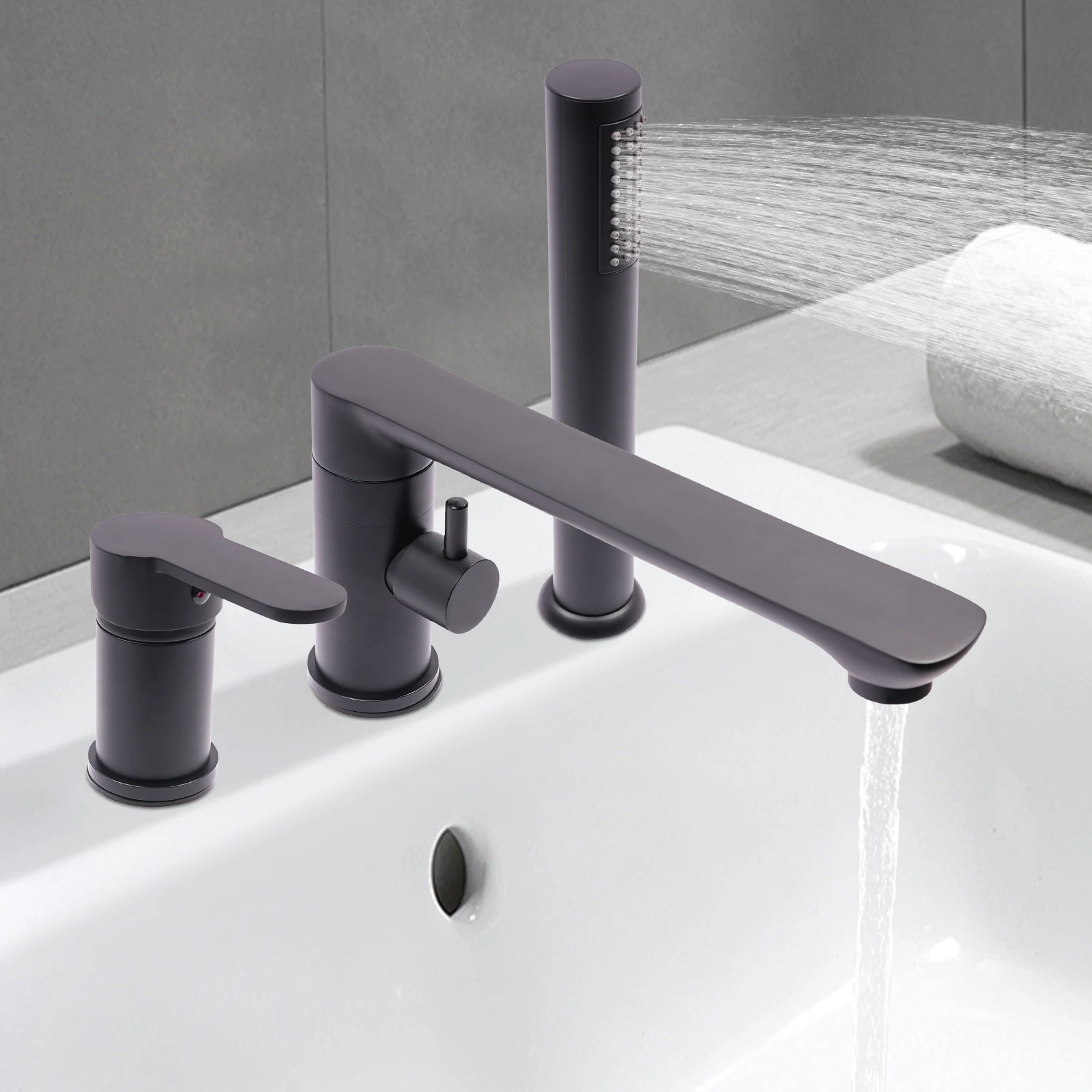Badmischer-Wasserhahn mit Handbrause, strapazierfähiges Kupfer, freistehender Wannenhahn mit 360 ° Drehbarer Auslauf und flexibler Schlauch – Detail 12