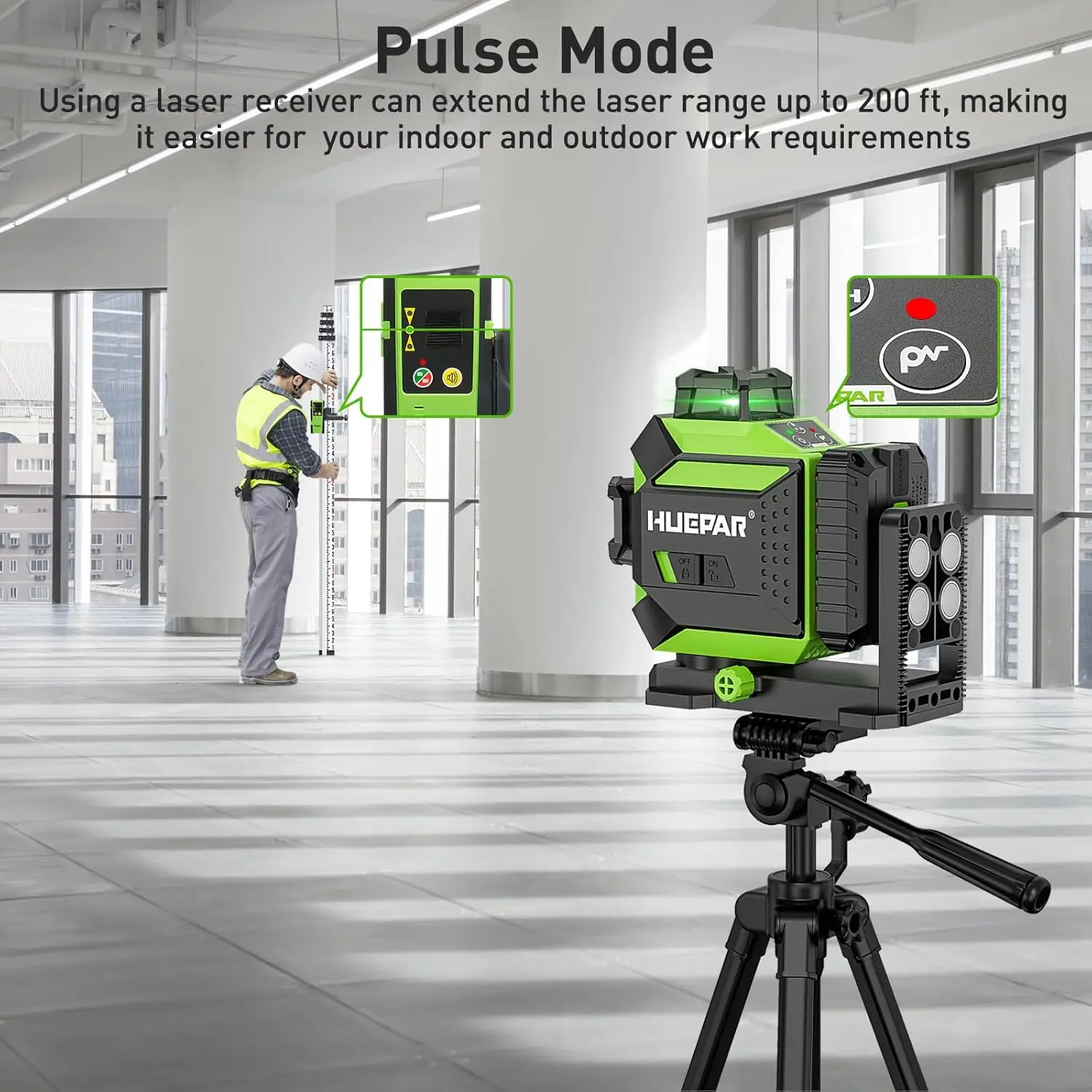 Huepar Kruislijnlaser 3 x 360 Laserniveau Groen, 360 Graden 3D Schakelbaar Zelfnivellerend Lijnlaser met Pulsfunctie, USB-Oplaadpoort, Inclusief Lithiumbatterij en Magnetische Houder - GF360G Huepar Kruislijnlaser 3 x 360 Laserniveau Groen, 360 Graden 3D Schakelbaar Zelfnivellerend Lijnlaser met Pulsfunctie, USB-Oplaadpoort, Inclusief Lithiumbatterij en Magnetische Houder - GF360G