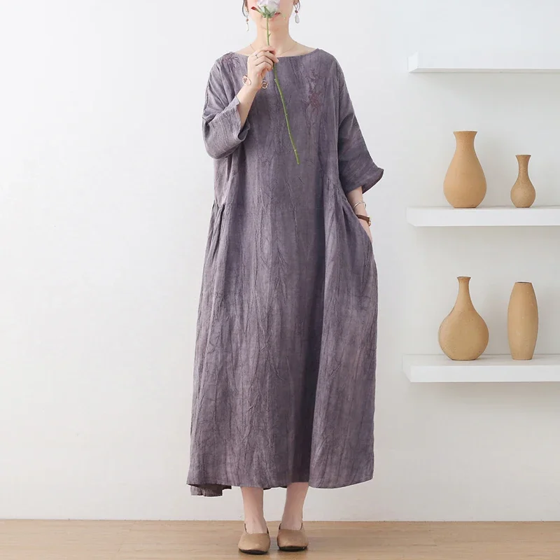 short-sleeve-cotton-linen-dresses-vintage-solid-summer-artist-pocket-pleated-long-dress-femme-emboidered-2024-hem-women-clothes