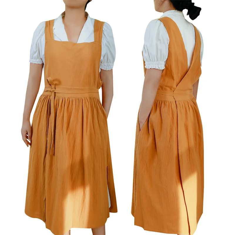 knee length dresses for ladies Navy Blue Cotton Linen V-Neck Midi Pinafore Dress 32