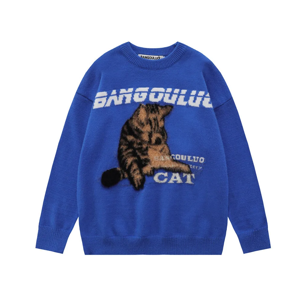 

Autumn Winter Men Embroidered Cat Pattern Sweater Plush Street Trend Loose Knit Fashion Comfortable Long Sleeve Couple Pullover