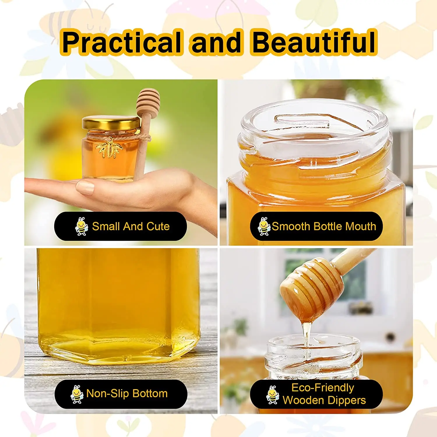 Mini Honey Jars Party Favors  Hexagon Small Glass Honey Jars with Dipper, Gold Lids, Cute Bee Pendants, Gift Bags and Jute 4