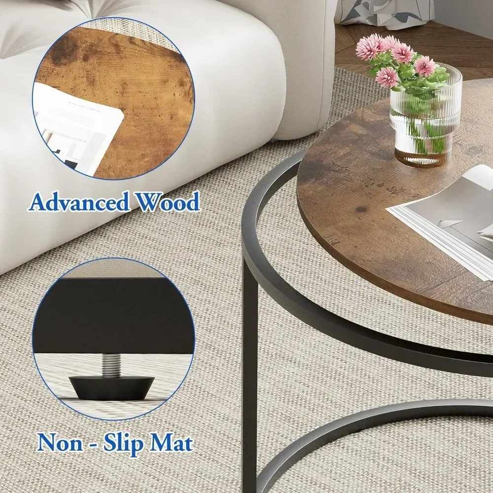 Coffee Table Nesting Round Table Set of 2 Side Table with Sturdy Metal Frame for Living Room Bedroom Apartment Modern Industria