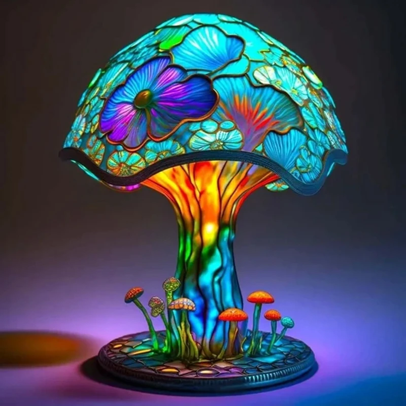 

Vintage Stained Resin Mushroom Table Lamp Plant Flower Series Snail Octopus Creative Colorful Bedroom Bedside Retro Night Light