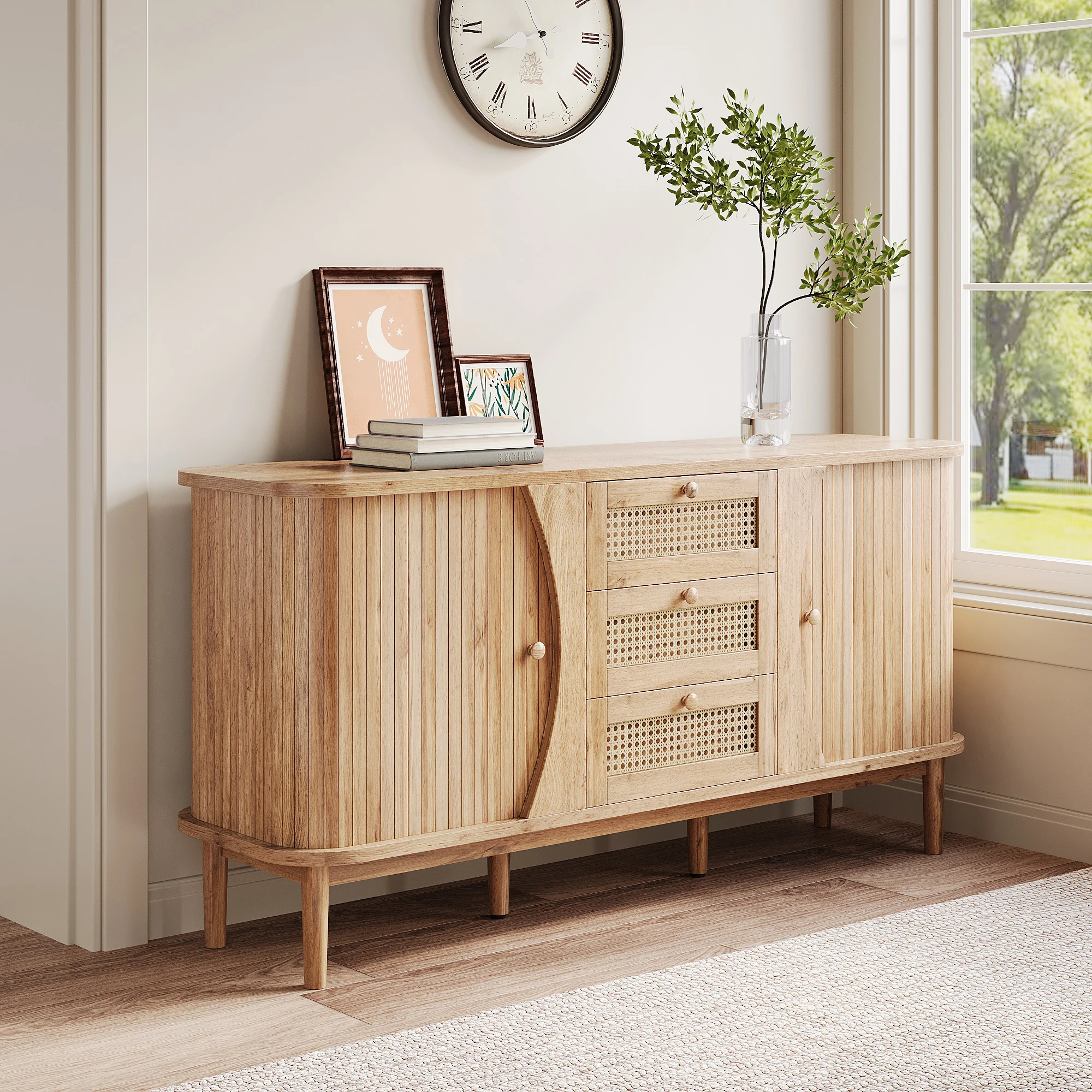 PINGGO Rattan-Kommode mit Schiebetüren, verstellbaren Einsätzen und abgerundeter Platte, Sideboard zur Aufbewahrung im Schlafzimmer – Detail 6