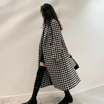 Fashion Houndstooth Faux Wool Jacket Women Autumn Korean Elegant Single Breasted Long Overcoat Winter Thick Warm Blend Outwear 2