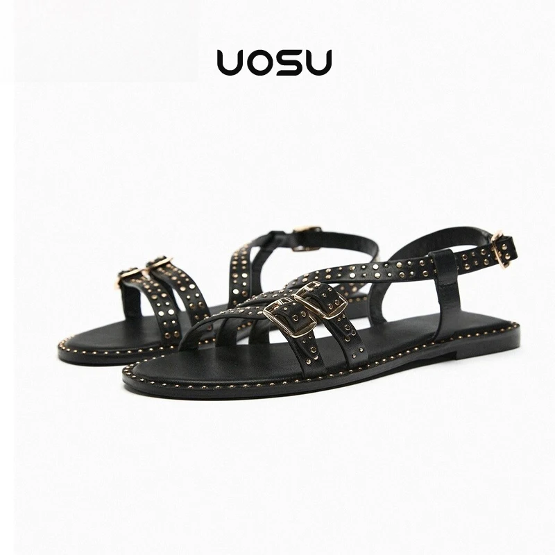 

Open Toe Rivet Back Strap Flats for Women Belt Buckle Narrow Band Sandals Summer Holiday Beach Gladiator Lady Shoes Summer 2024