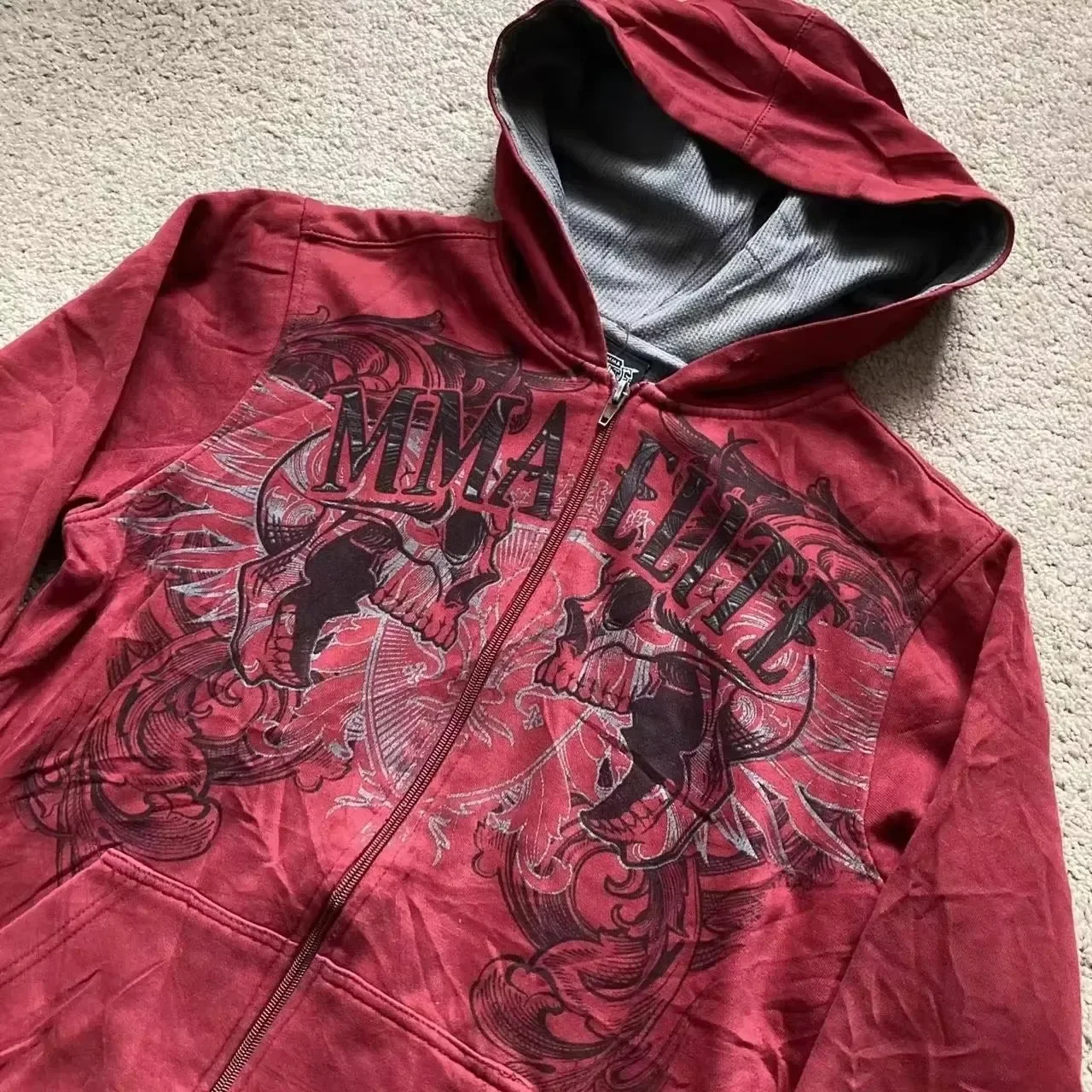 Y2k 2000s Pure Cotton Red Men's Zipper Sweater Retro High Street Couple Hoodie Skull Snake Red Sports Coat Winter Clothes Women