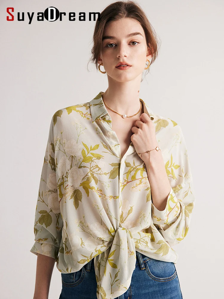 SuyaDream Women Floral Shirts  100%Silk Crepe de chine Long Sleeves Chic Blouses 2023 Fall Winter Office Lady Top Grey