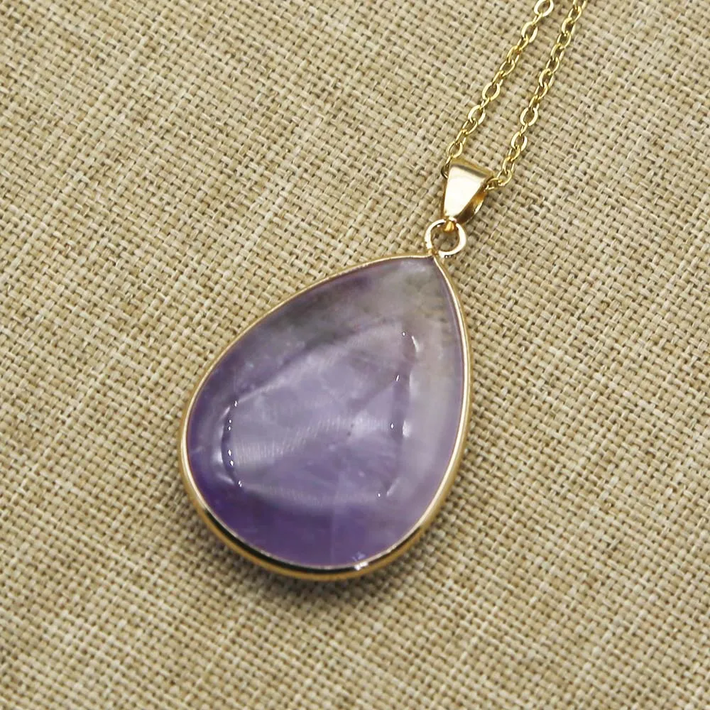 New Natural Stone Crystal Agate Water Drop Necklace Pendant Gold Edged Sweater Chain Fashion Charm Jewelry Gift Accessories 4Pcs