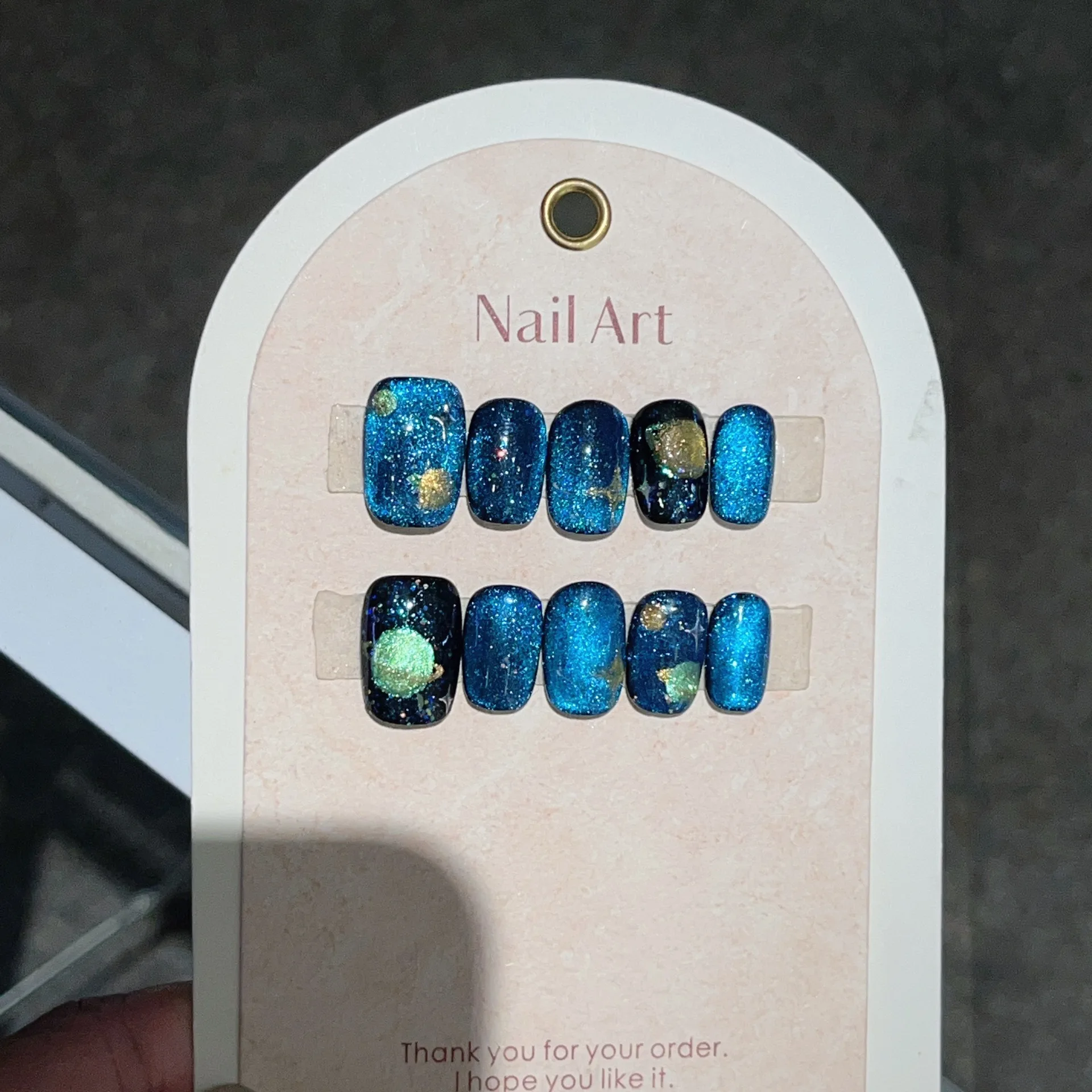 Description Picture 6 of item10Pcs Blue Cat Eye False Nails Hand Painted Planet Artificial Nails Short Square Head Fake Nails with Glue Full Cover Nail Tips
