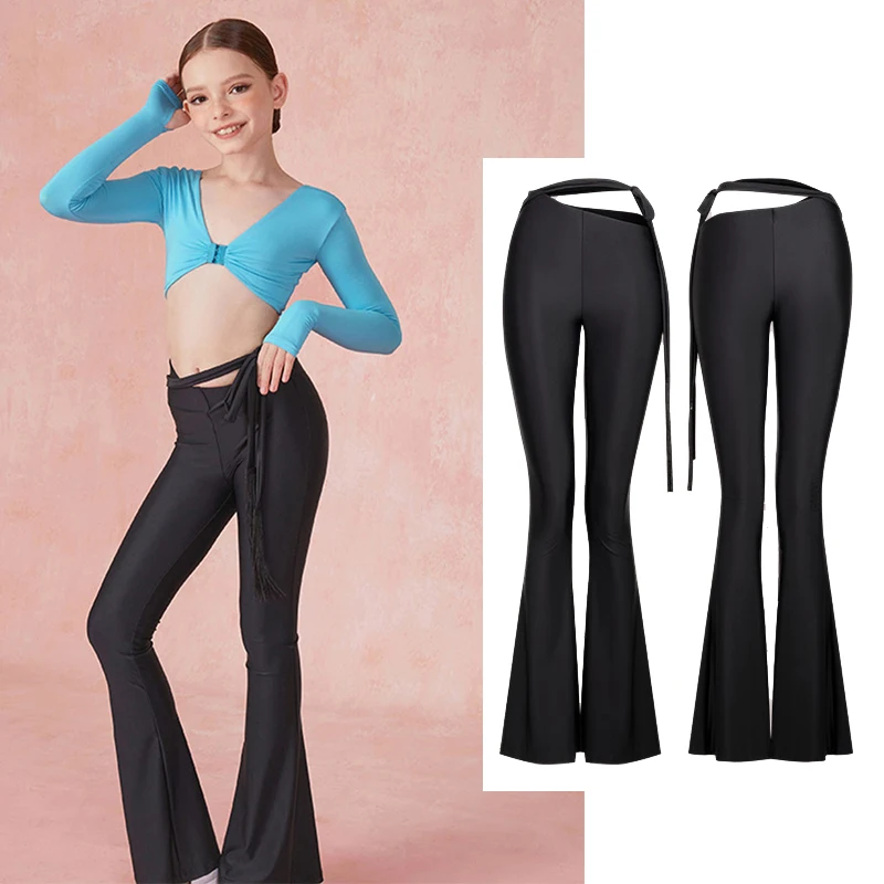 ZYM Strap Waist Black Latin Dance Pants Girls Kids Latin