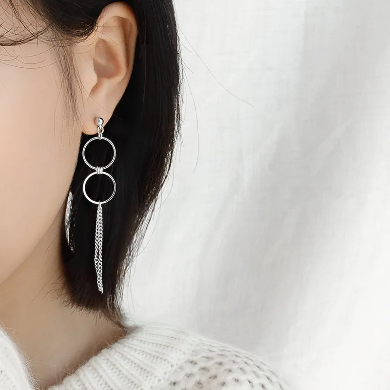 CIAXY Silver Color Asymmetrical Earrings for Women Geometric Round Pendant Ear Line Earring Punk Hip Hop Jewelry