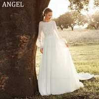ANGEL Sexy Backless Wedding Dresses For Woman Scoop Puff Sleeves Chiffon A-Line Bride Gowns Lace Appliques Robe De Mariée 1