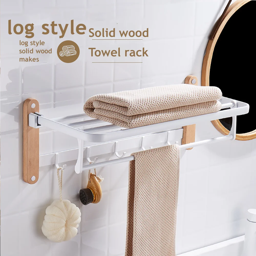 Bathroom Folding Towel Rack Solid Wood + Space Aluminum Multi