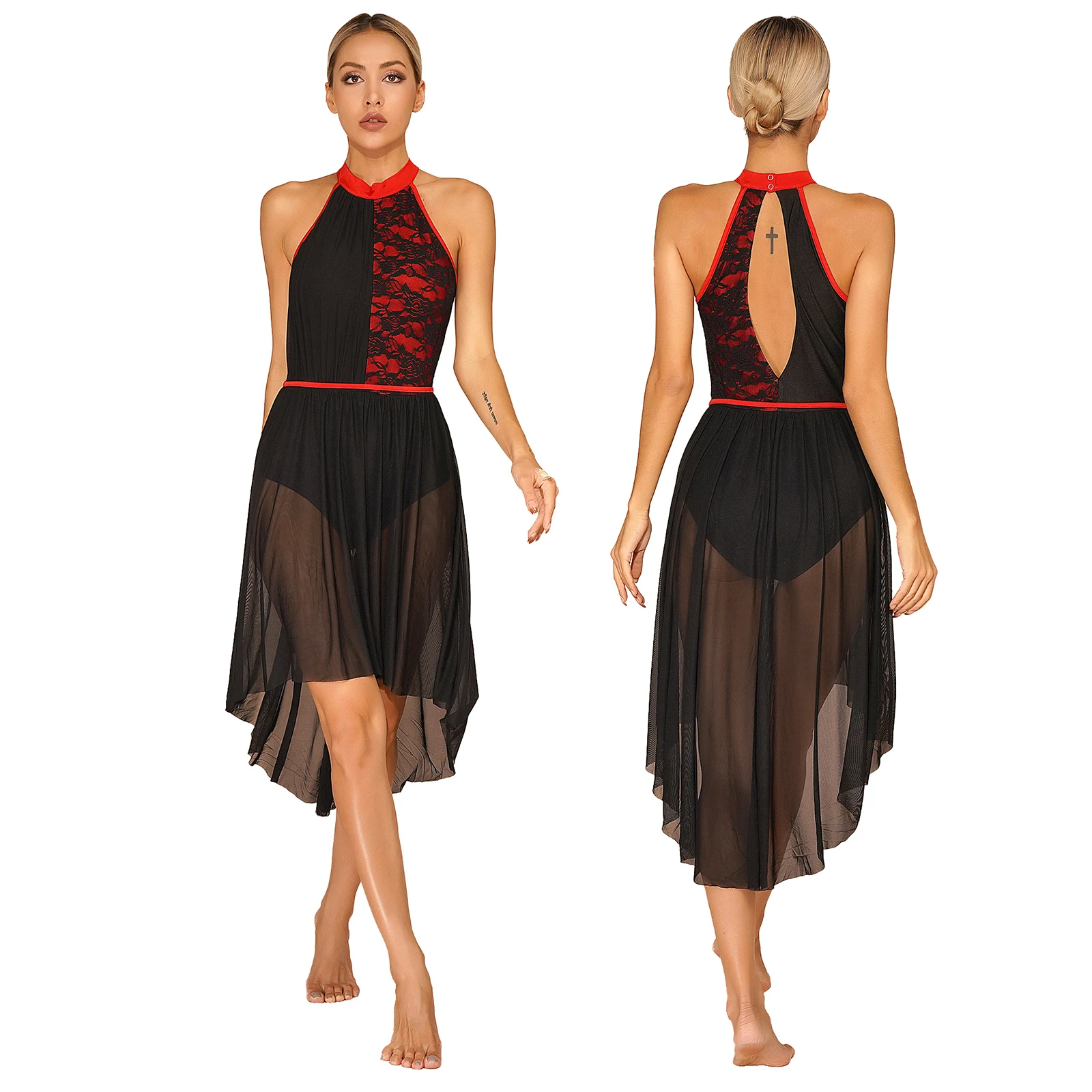 

Women Ballet Lyrical Dance Dress Sleeveless Floral Lace Ballroom Dancing Leotard Dresses Competition Stage Performance Dancewear