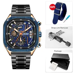 Sleek Black Quartz Men's Waterproof Watch with Square Dial and Stainless Steel Strap (Rose Blue - Box - T)
