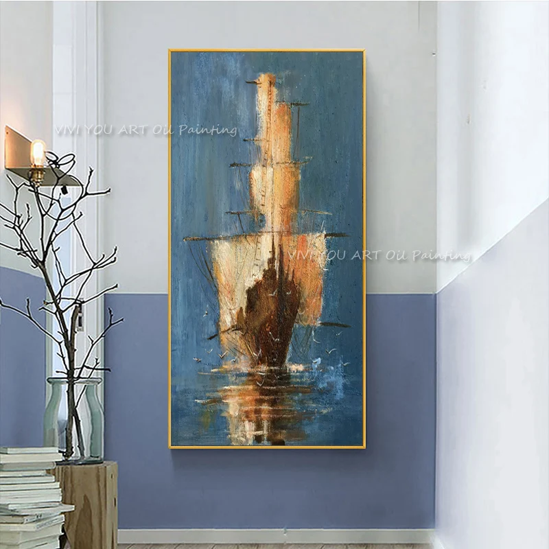 100% Handmade Abstract Orange Knife Sailboat Thick Oil Painting Modern Art Picture For Living Room Modern Cuadros Canvas Art