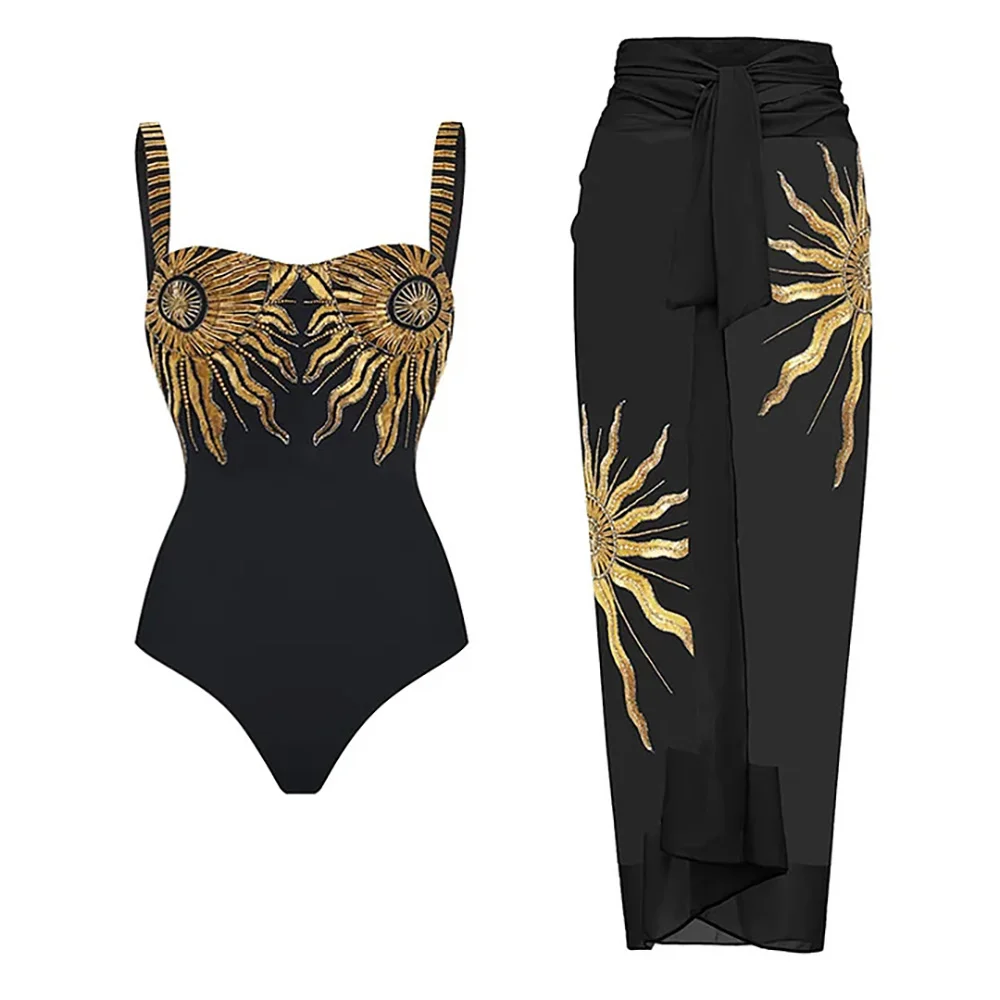 New Paillettes Embellished One Piece Swimsuit and Sarong Floral Print Swimwear Bikini Cover Up Summer Beach Wear