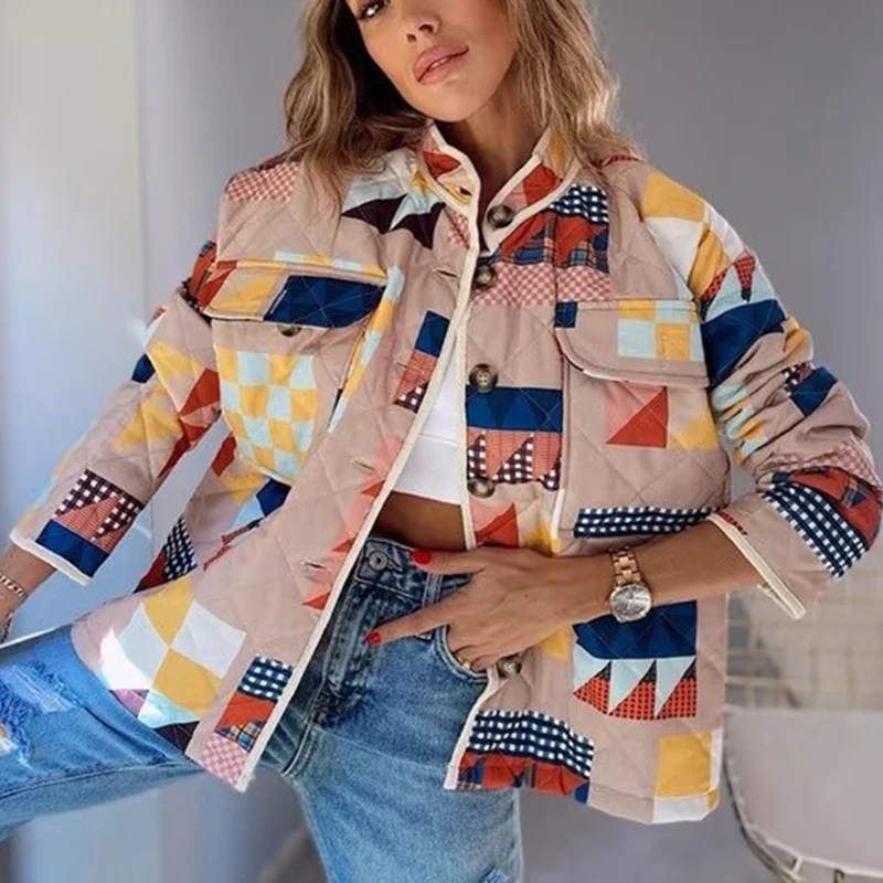 

2023 Autumn Winter Stand Collar Parka Coat Women Plaid Print Pocket Cotton Padded Jackets Female Casual Outerwear Clothing