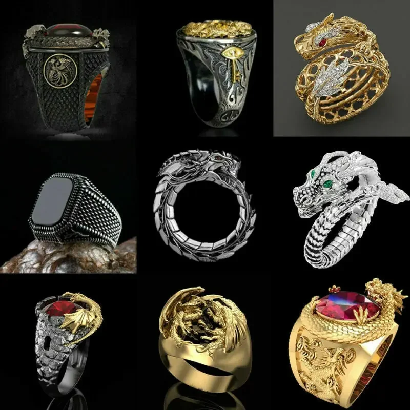 Cool Men Golden Dragon Rings Colore Argento Fashion Red Aaa Zircone Hip Hop Moto Punk Party Jewelry Gift Size 6-13 All'Ingrosso