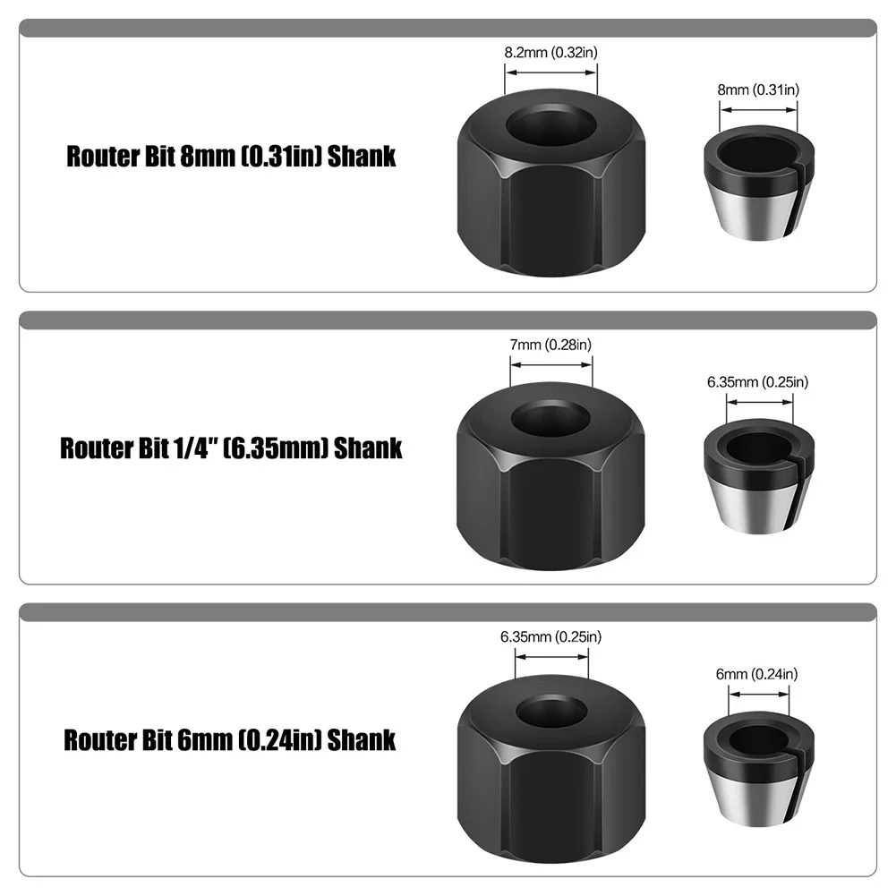 6pcs/Set 6mm 6.35mm 8mm Milling Cutter Collet Adapter Engraving Trimming Machine Chucks Trimmer Router Bit Accessories