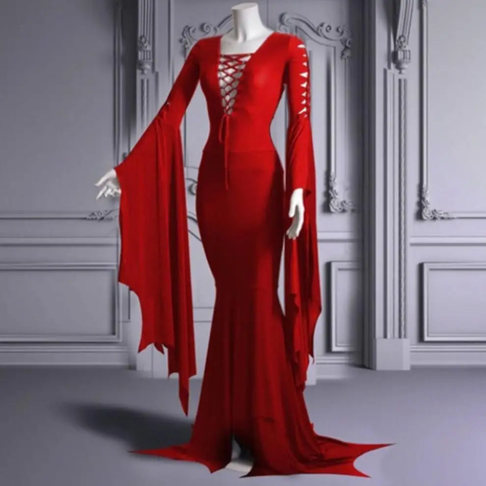 thumbnail image 1 of Vestido largo gótico de vampiro medieval con cordones negros para mujer, tallas S a 5XL, disfraz de bruja y fantasma sexy para Halloween, Morticia Addam, 1 of 5