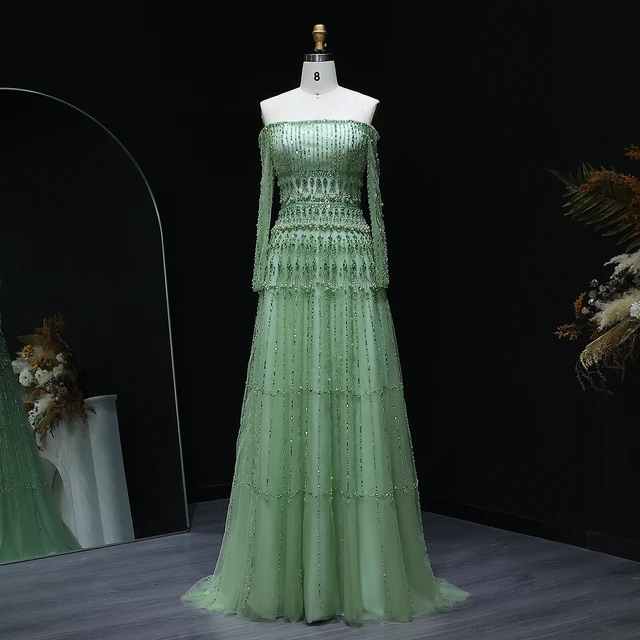 Sharon Said Off Shoulder Sage Green Luxury Dubai Evening Dresses Long Sleeves Arabic Women Wedding Party Gowns SS588 Customized 2