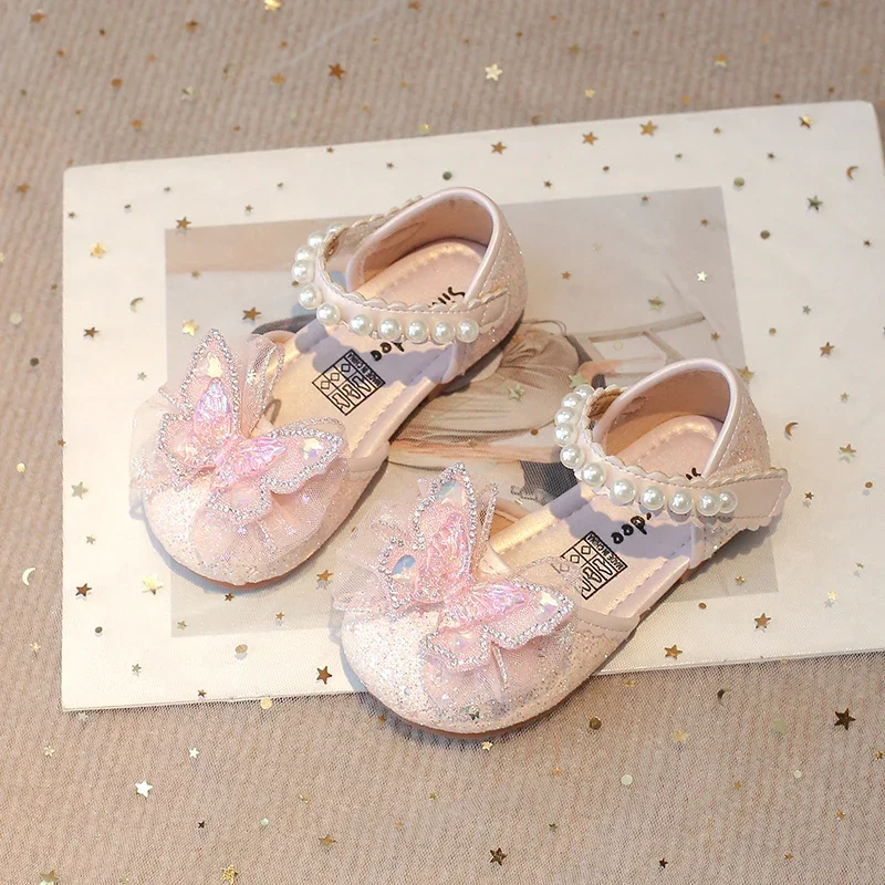 Chic Girls Dress Shoes for Wedding Party Bling Sequins with Rhinestone Butterfly Sweet Princess Chic Kids Flat Shoes Lace Beaded