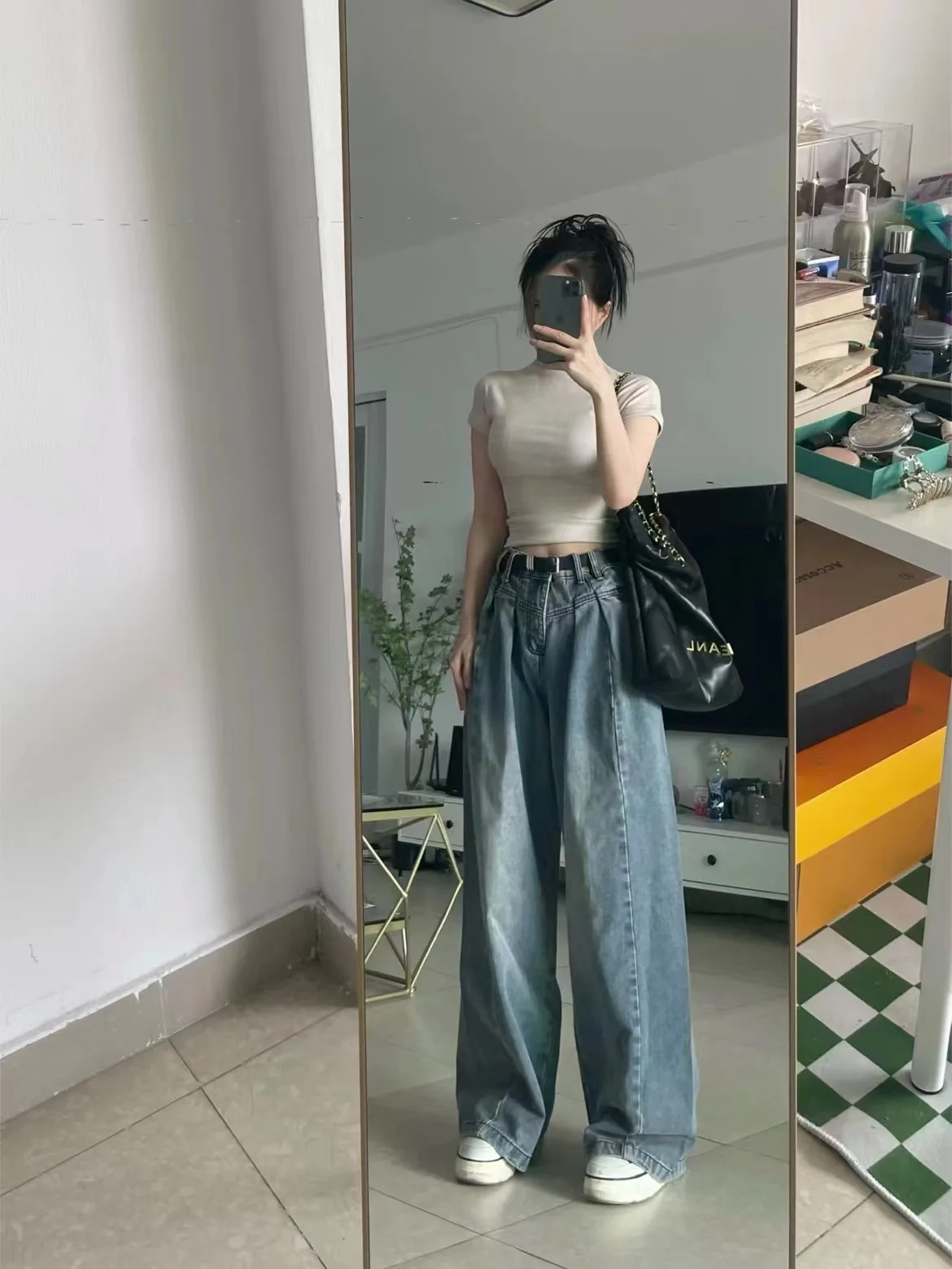 2023 Autumn Women's Loose Wide Legs Denim Trousers High Waisted Straight Leg Pants Floor-length Button Fly Vintage Lady Jeans