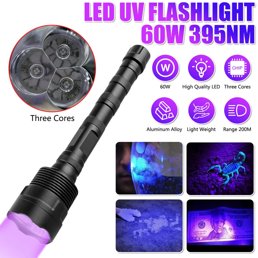 

3 Lamp 60W Strong Ultraviolet 395NM Flashlight High Definition Ultraviolet High Power and Long Range Professional Grade Beam