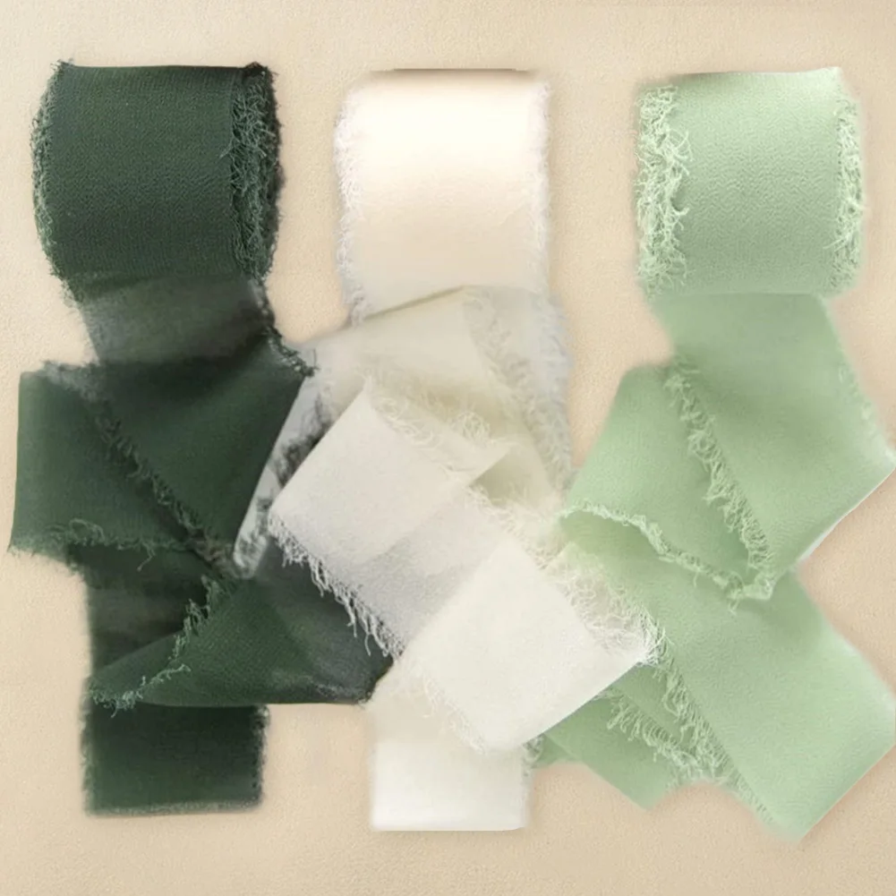 3 Roll Frayed Edge Ribbon Wear Resist Hand Torn Chiffon Ribbon DIY Tassel Ribbon for Wedding Invitation Bouquet Wrapping