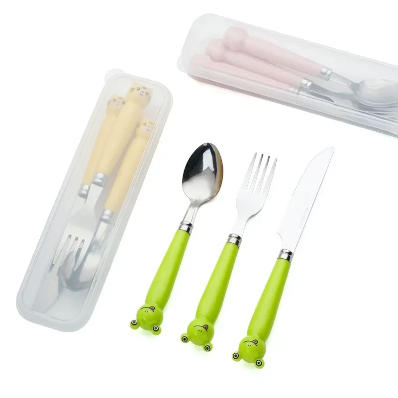 Creative Cartoon Stainless Steel Fork Spoon Chopsticks Three Piece Set Cute Student Spoon Chopsticks Portable Tableware Set