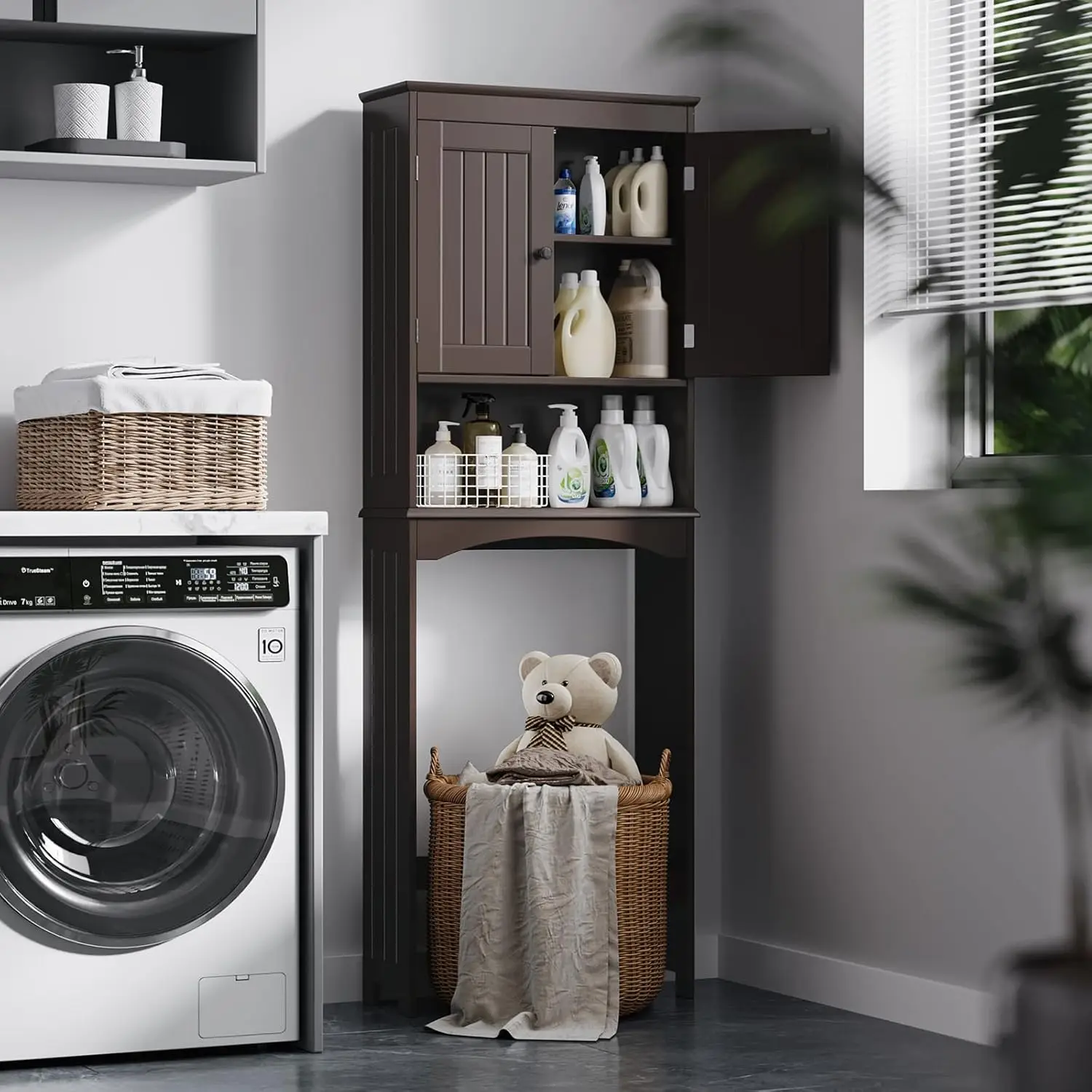 Over The Toilet Storage Cabinet with Open Shelf, Over Toilet Bathroom Organizer with Adjustable Shelf and Double Doors 3