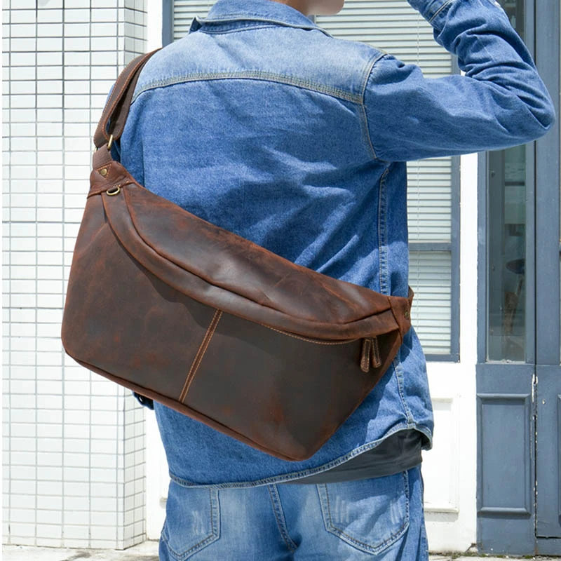 Bolso de pecho de cuero genuino para hombre, bandolera Vintage de de vaca con carga USB, bandolera de viaje para | - AliExpress