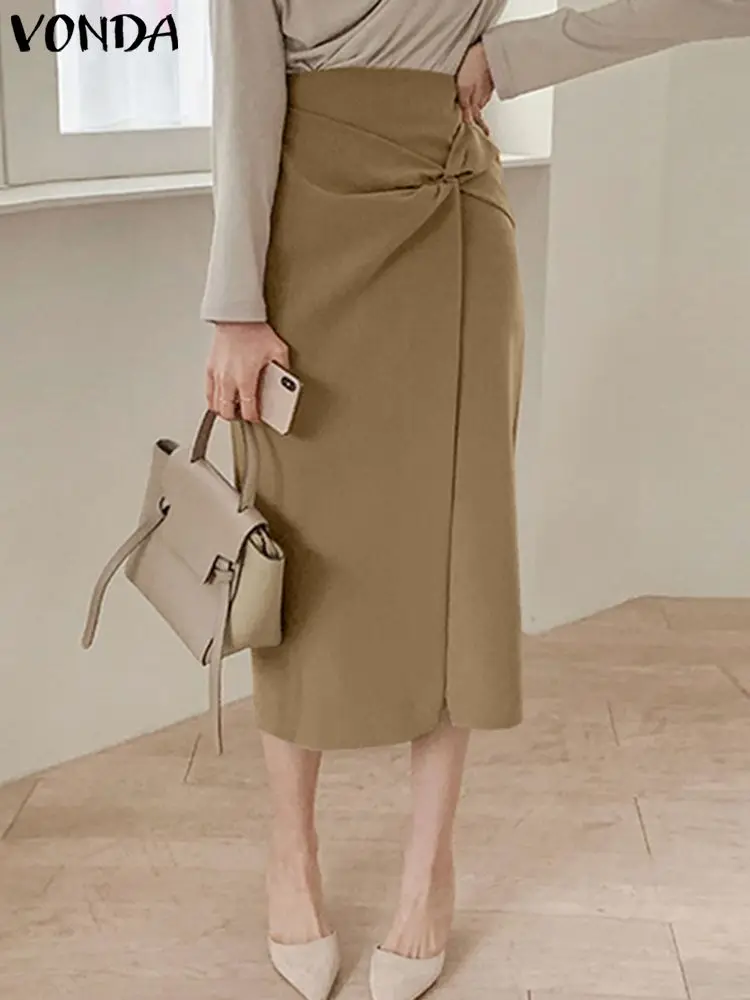 

Женская офисная юбка VONDA, однотонная трапециевидная плиссированная юбка с разрезом, модная повседневная юбка до середины икры, большие размеры, 2023