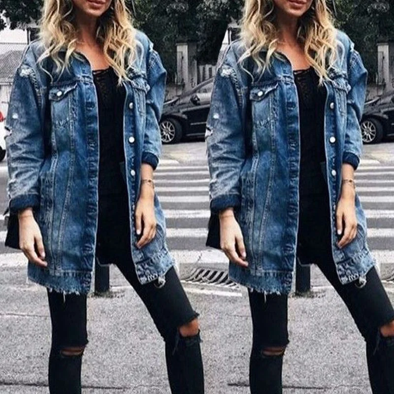 2021 New Stylish Women's Coats Denim Long Coat Jeans Coat Fashion Hole Jacket Female Loose Casual Streetwear Blue Outwear Long 2021 letter printing blouses women s autumn medium long loose 2021 new long sleeve stripe shirts tops female casual jacket coat