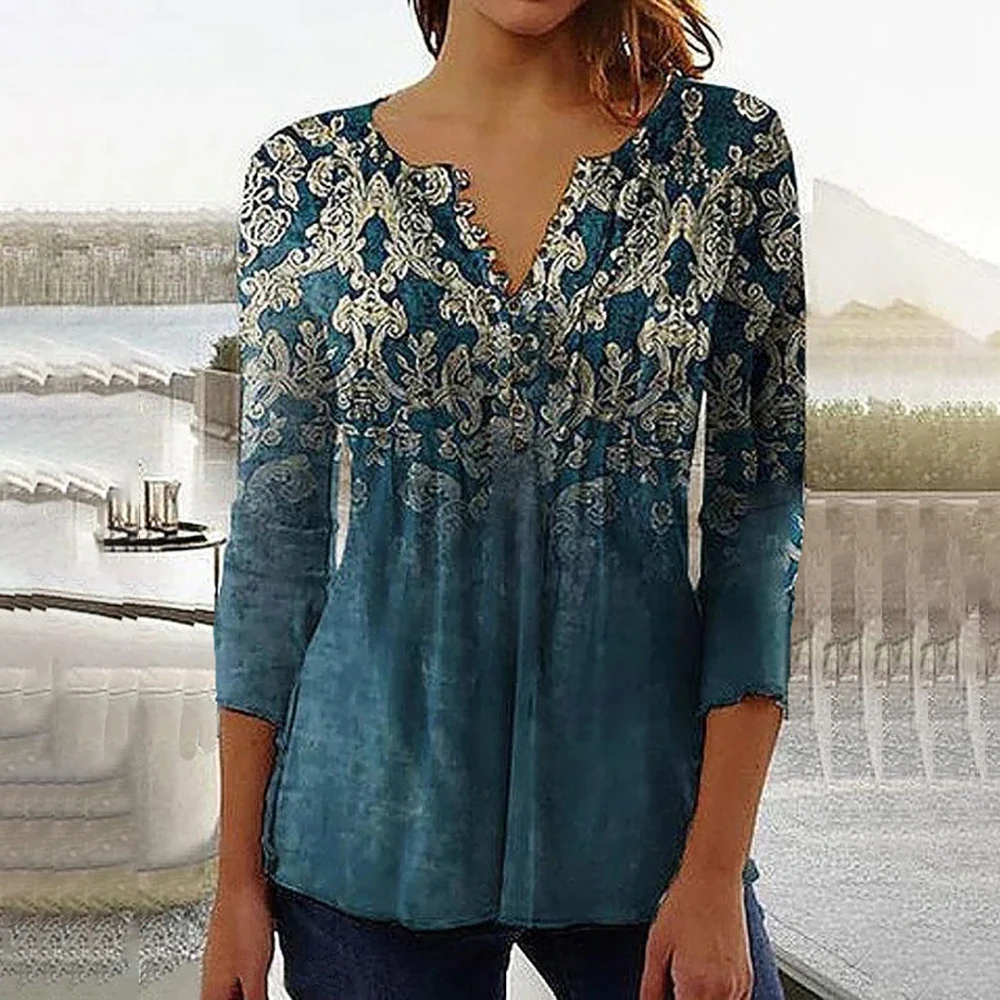 

Spring Summer Leisure Fashion Trend Mid-legth Sleeve Blouses Fit V Neck Floral Print Pullover New Commute Elegant Women Shirt