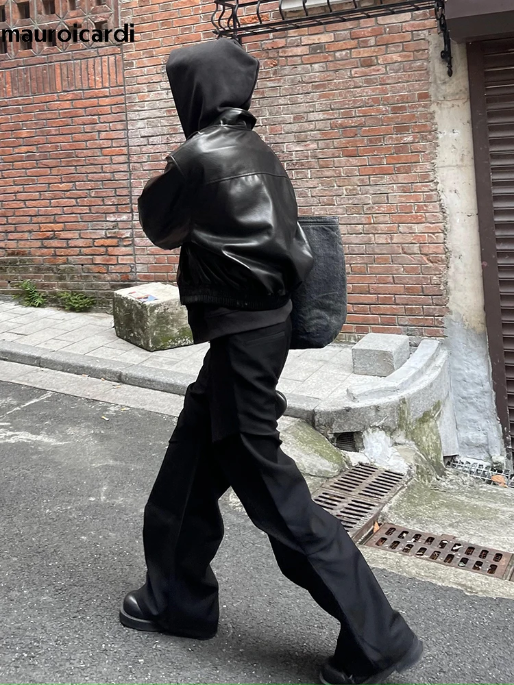 Mauroicardi Spring Autumn Cool Oversized Short Black Soft Pu Leather Jacket Men Zipper Luxury Designer American Vintage Clothes 2