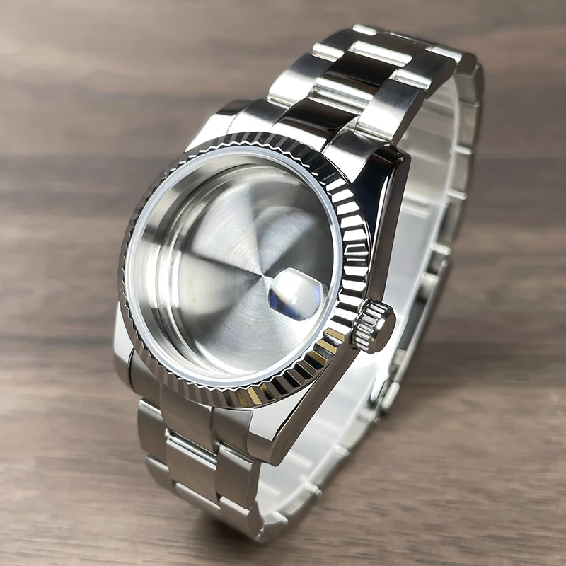 Premium Fluted Bezel Watch Case with Sapphire Glass - Stainless Steel