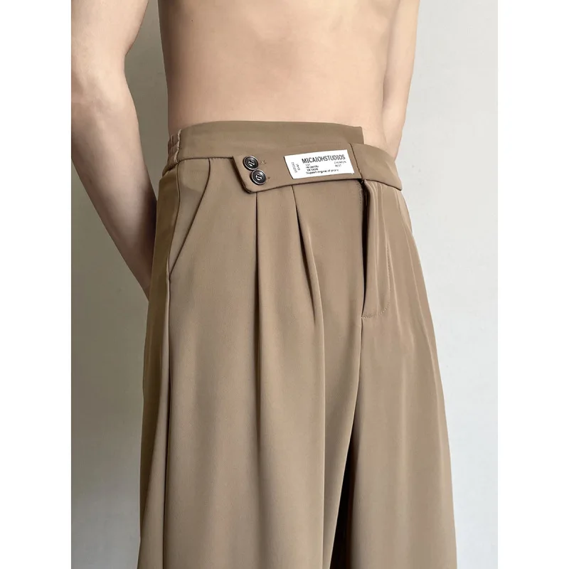 2024 Ice Silk Fabric Straight Trousers Summer New Men's Button Zipper Patchwork Pockets Fashion Loose Sagging Sensation Pants