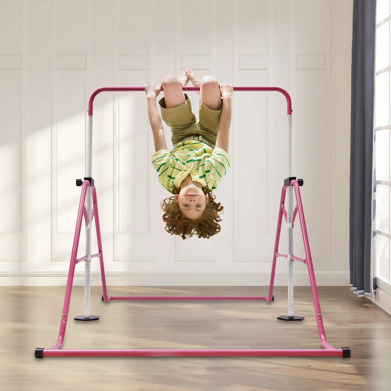 Pink Gymnastics Bars Children's Monkey Bars Foldable 5 Adjustable Height Kids' Toy Indoors Outdoors