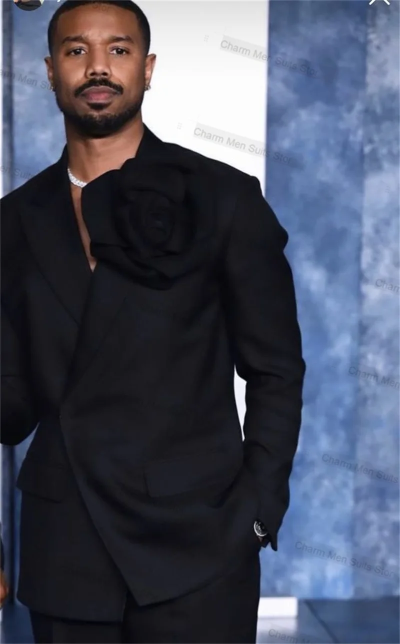 Formal Black Men Suits Set 2 Piece Blazer+Pants Custom Made Jacket Office 3D Flower Groom Wedding Tuxedo Single Breasted Coat